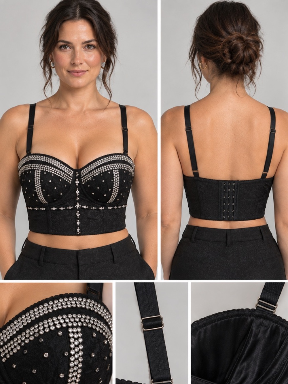 Black Rhinestone Bustier Crop Top — Sweetheart Neckline